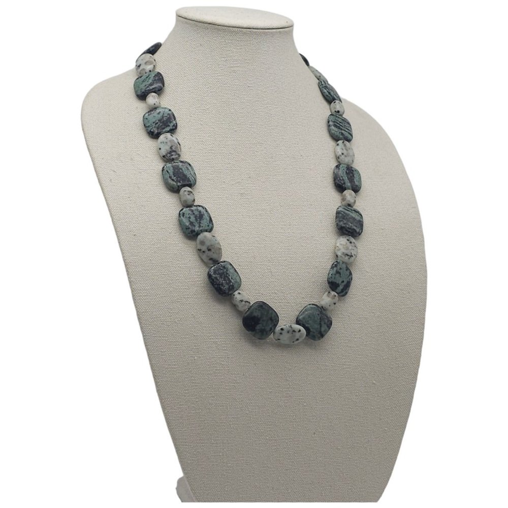 Green Moss Agate Blue Jasper Beaded Necklace 27" Sterling Silver 925 Stamped M16 - Picture 3 of 10